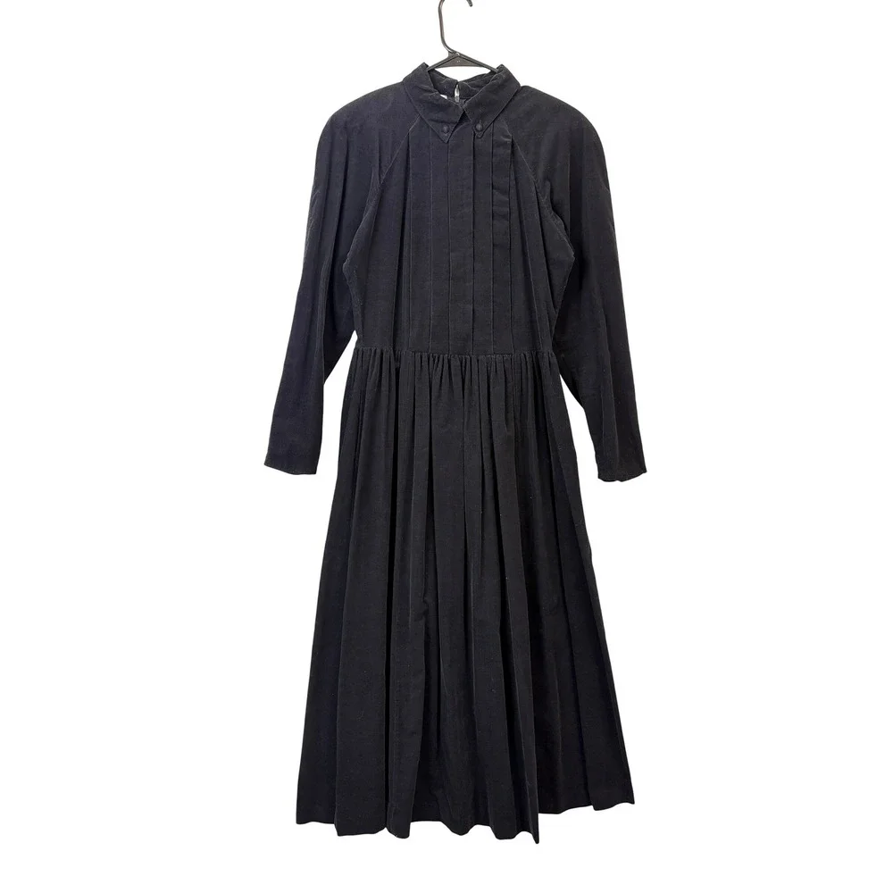 Laura Ashley‎ Black Corduroy Pleated Midi Dress Cottagecore Prairie Traditional
